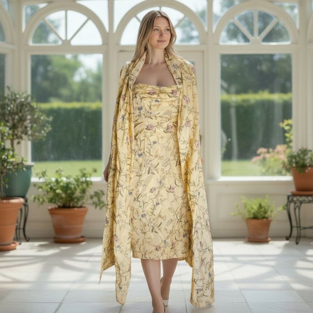 Pamela Dennis Couture Yellow Floral 100% Silk Evening Down Vintage 90's Sz 6